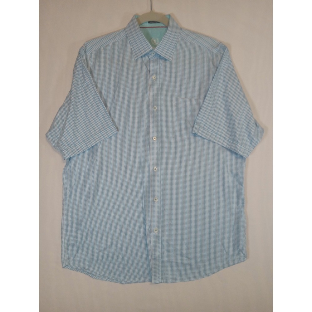 Bugatchi Shirt Mens Large Blue Plaid Classic Fit Casual Button Up Short Sleeve